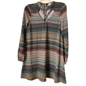 Hem & Thread Tunic Top/Dress, Sz. S, Brown/Orange/Teal Striped